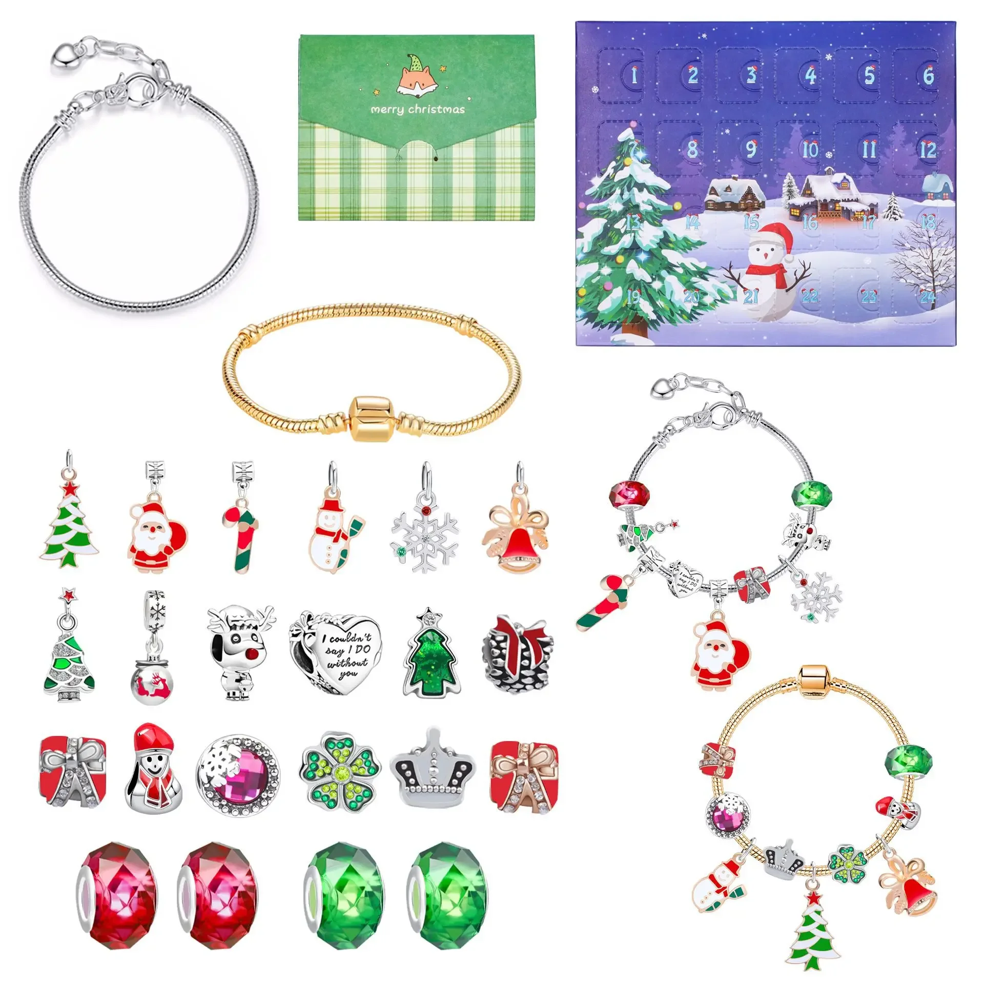 Verrassing Blind Box Set 24-Countdown Kalender Advent Christmas Charms Armband Set DIY Creatieve Ornamenten Kerst Kind Geschenken