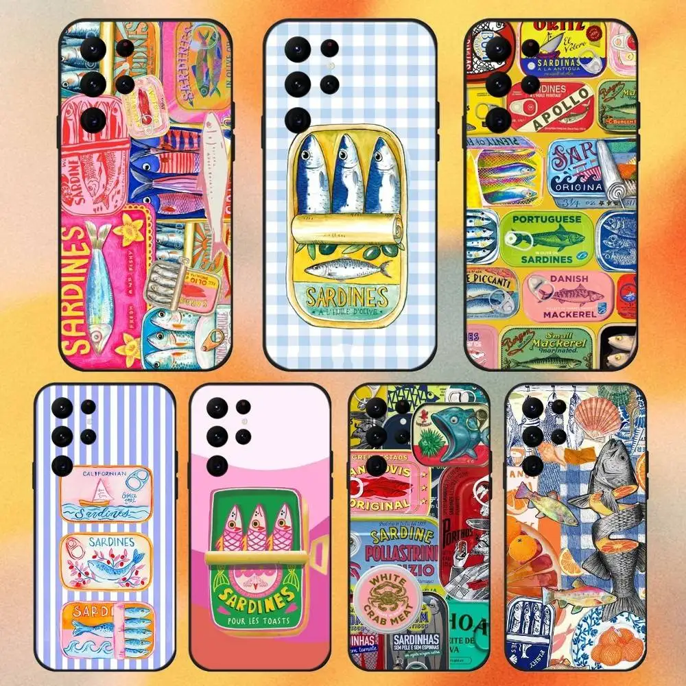 

Sardines Canned FISH Phone Case For Samsung S 25,24,23,22,30,21,10,9,Ultra,Plus,Lite,FE,4,5G Black Soft Case