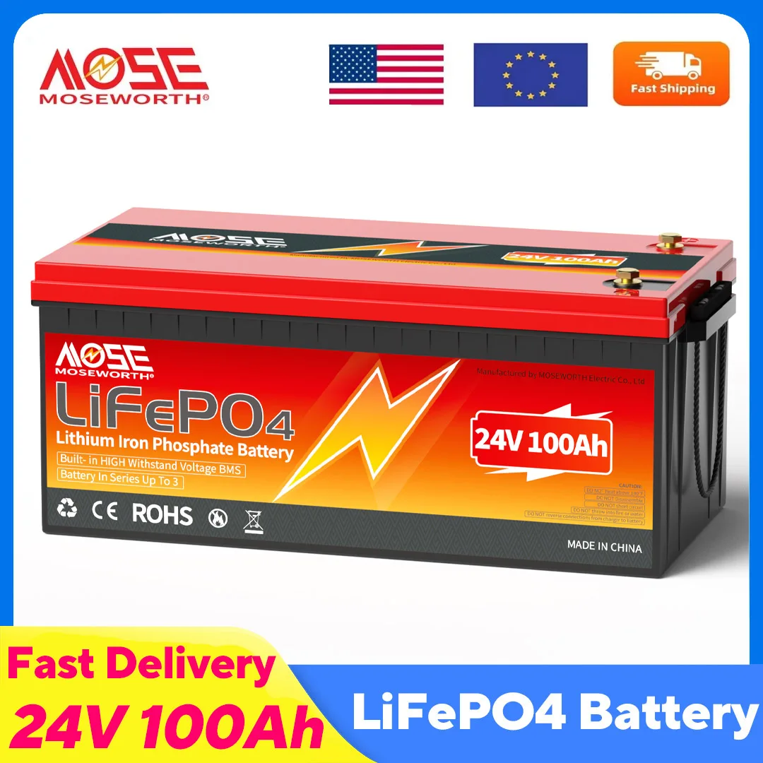 

MOSEWORTH 24V 100Ah LiFePO4 Battery Pack Lithium Iron Phosphate Batteries Built-in BMS 8000+ Cycles For Solar Boat Off-Grid