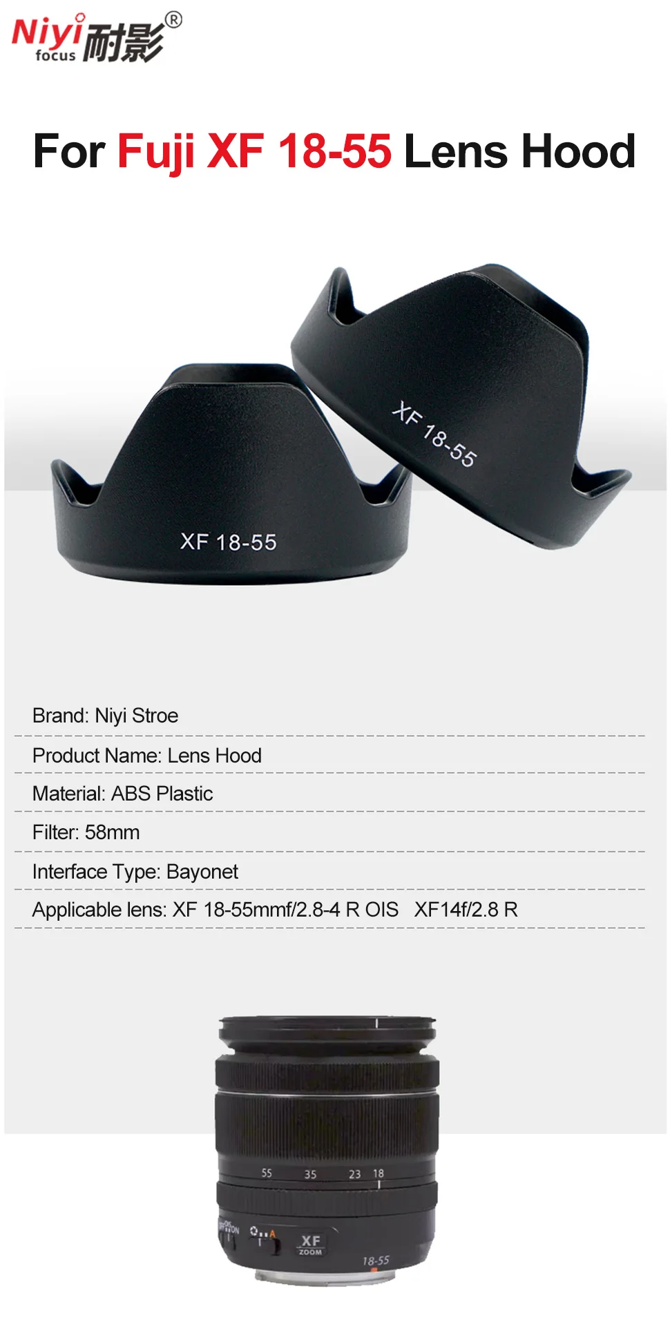 1cps XF 18-55 Camera Lens Hood Light Shadow Hood for Fuji XF 18-55mm f/2.8-4 R OIS XF 14mm f/2.8 R Plastic Rotate install