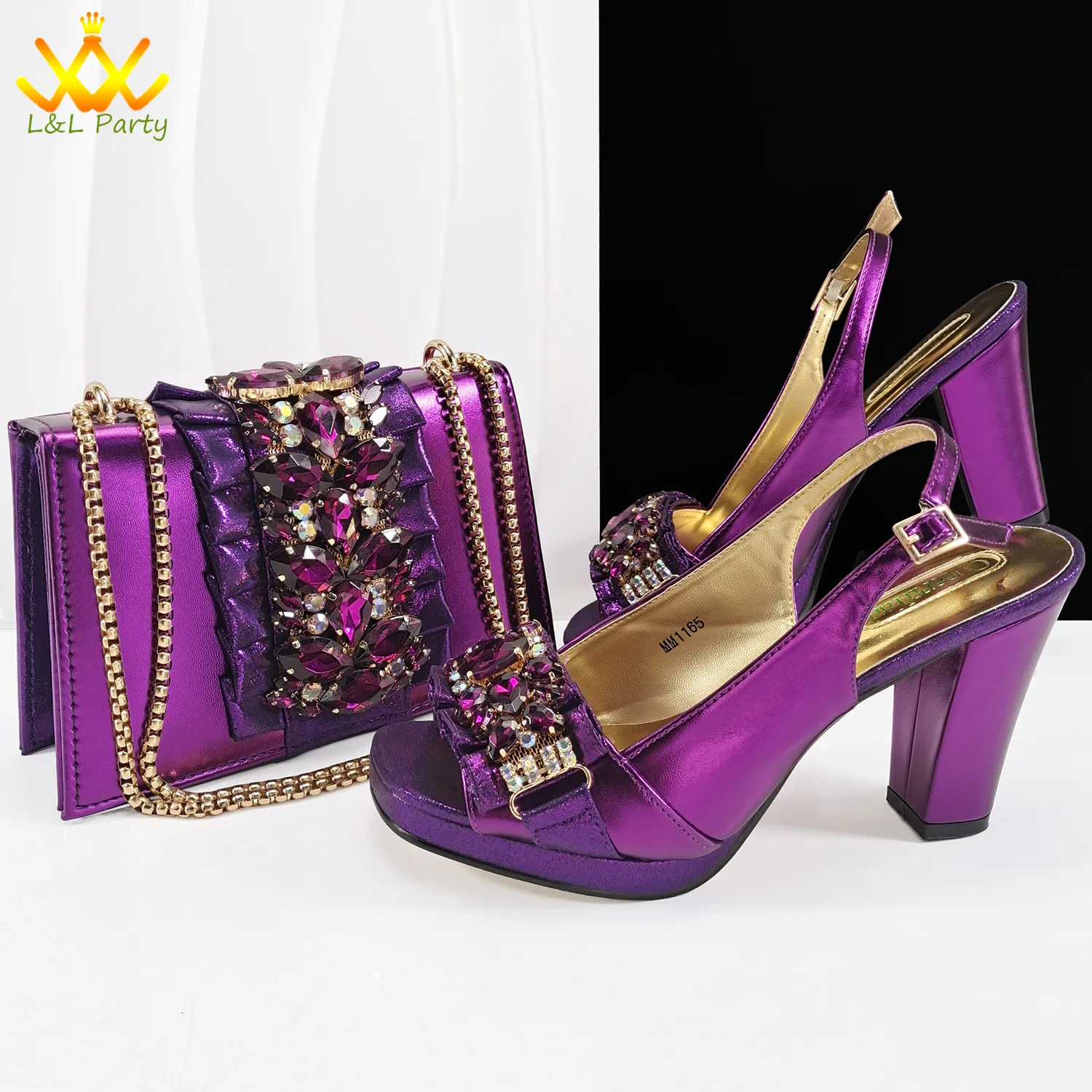 L&L Party Crystal Shoe and Bag Set Platform Sandals Black 6