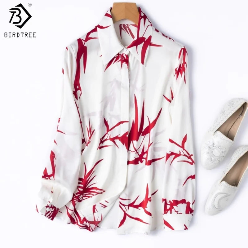

Birdtree,19MM 93% Mulberry Silk 7% Spandex Print Blouse,Women Satin Lapel Full Sleeve Tops,2025 Autumn Commuting Shirt T5O803JF