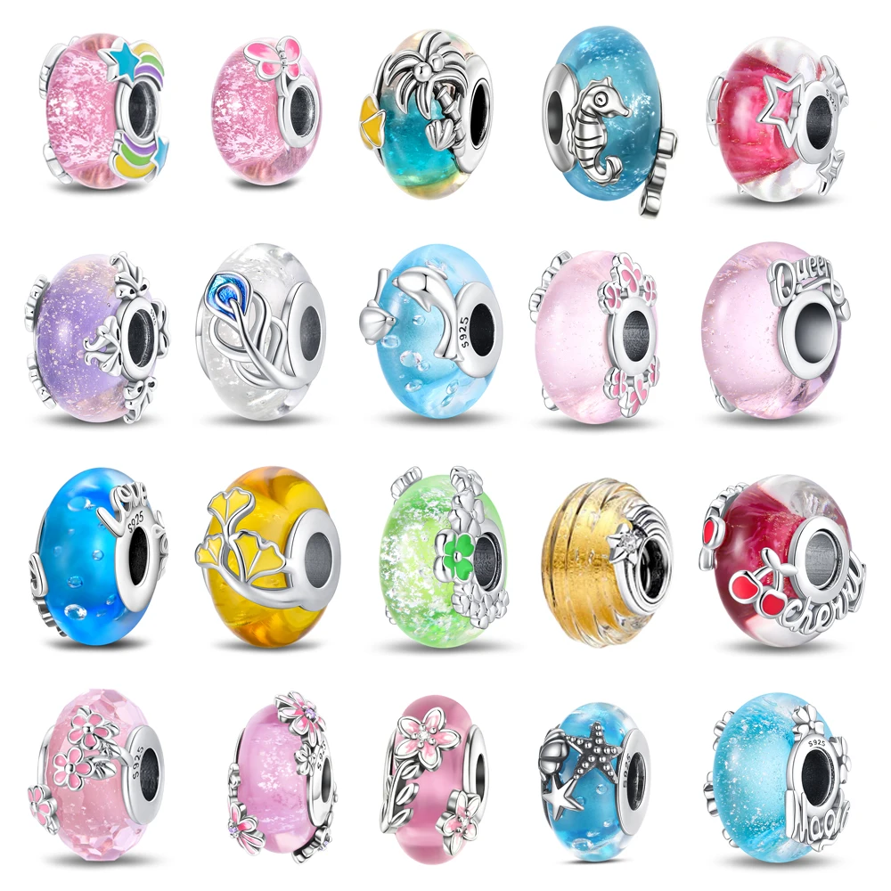 

Подвеска из стерлингового серебра 925 пробы с розовым цветком и надписью «Queen» из муранского стекла, подходит для оригинального браслета, в нежном стиле, для женщин, украшение.