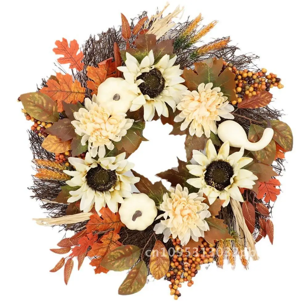

New Autumn Thanksgiving White Pumpkin Wreath Harvest Festival Sunflower Maple Wreath Decoration Door Decoration