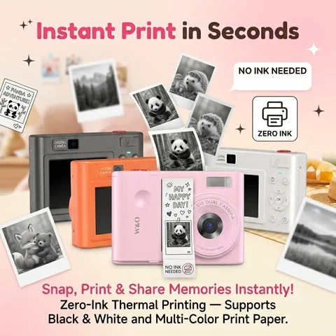 Instant Print Camera , Digital Camera with Mini Photo Printer, Portable Retro Camera for Travel, Party, Supports 2.5K video and photos up to 48MP resolution.with 32GB memory card, drawing pen, stickers, lanyard，Birthday Gift