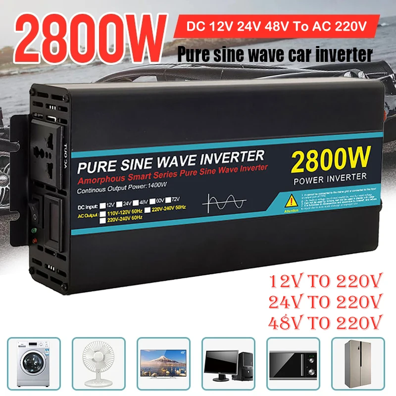 

Pure Sine Wave Inverter 1600W 2800W DC 12V 24V 48V To AC 220V Converter Voltage Transformer Solar Power Inverter+LED Display