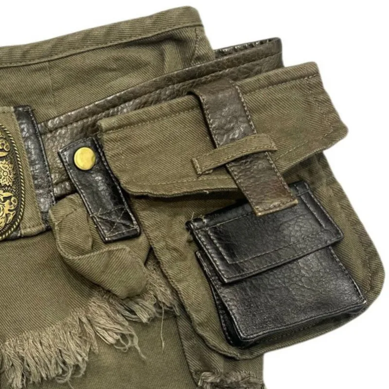 HKSH 2026 شورت صيفي جديد تصميم غير متماثل جيوب بحزام المتعثرة الأمريكية الرجعية مثير Ins سفاري نمط سراويل قصيرة HK17508