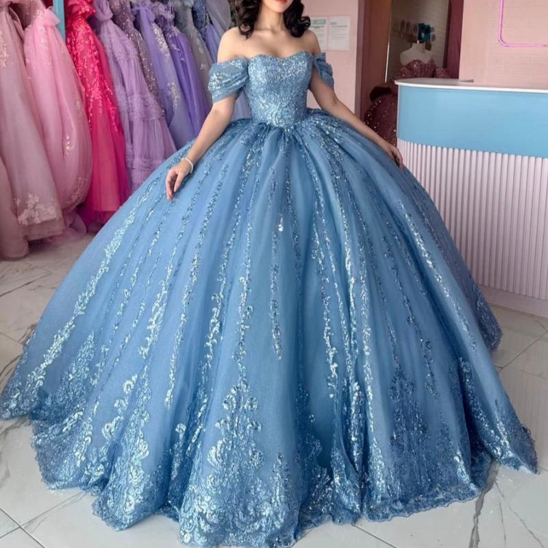 Sku Blue Shiny Quinceanera Dresses Sweetheart Sequin Applique Lace Beads Crystal Tull Ball Gown Vestidos De 15 Años XV Brithday