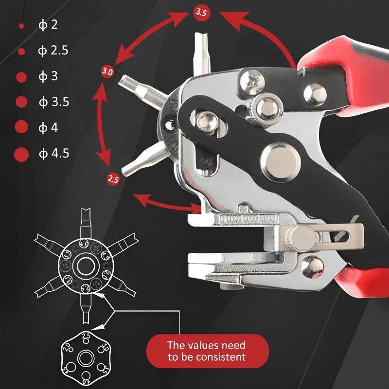 1Pc 6-in-1 Revolving Hole Punch Tool Heavy Duty Stainless Steel Comfort Grip for Leather Plastic Fabric Paper Card DIY Projects