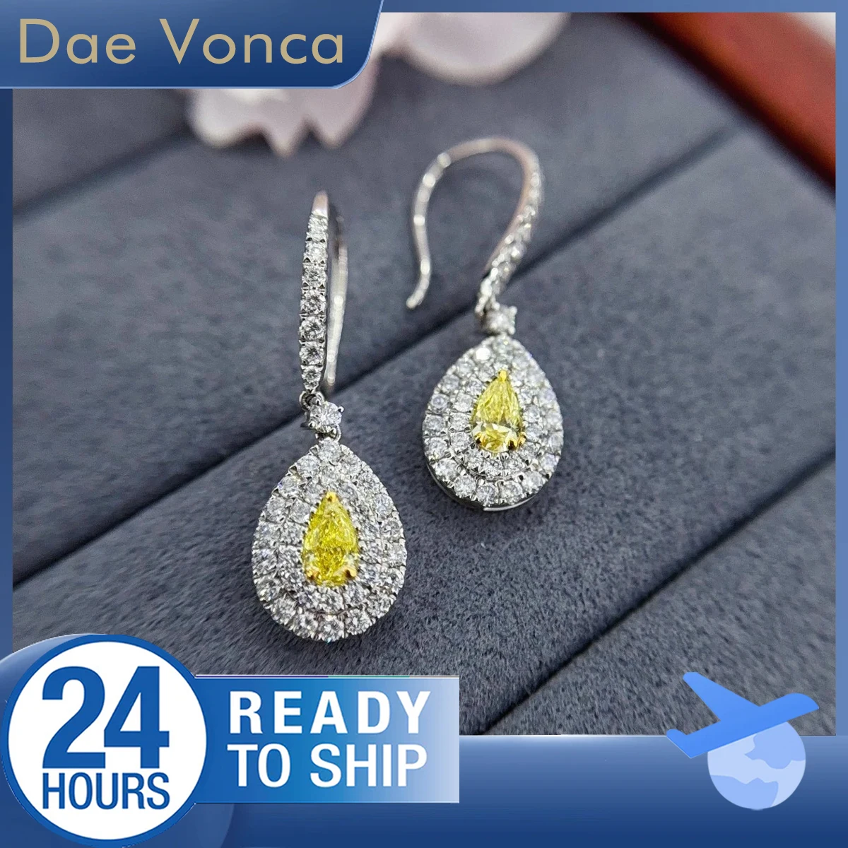 Double Halo Style Lab Created Diamond Earrings Yellow Pear Cut Lab Diamond Earrings 18K Solid Gold Hoop Earrings For Women