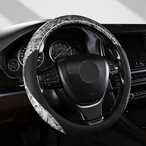 Imagen 2 del producto Funda de volante de cuero de microfibra de grano de madera, ajuste universal para diseño de venas antideslizantes de cubierta de cuero duradera de 14,5-15 pulgadas