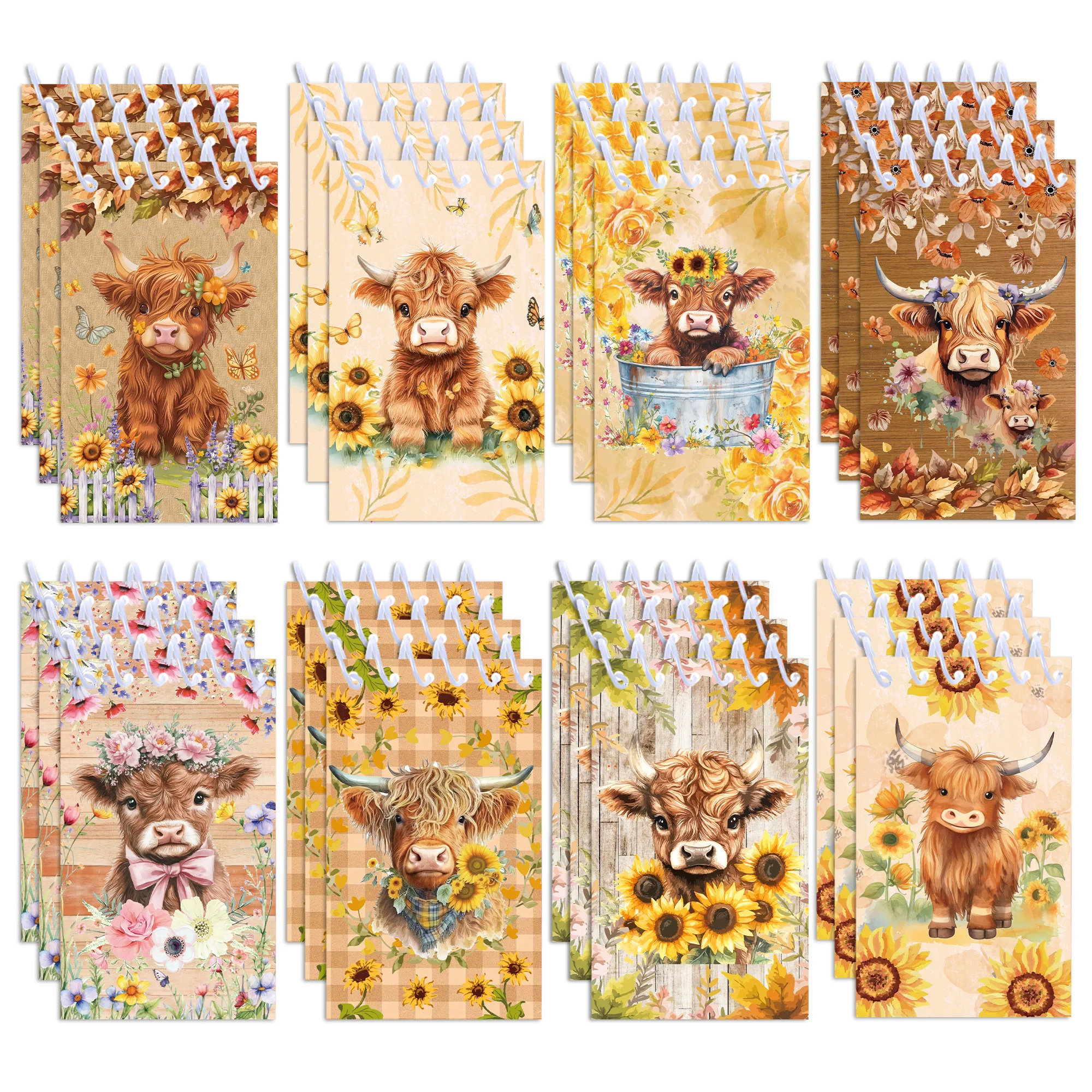 

8/16/24pcs Highland Cow Spiral Pocket Notebook Portable Mini Memo Pad Coil Booklet Kids Gifts Office Stationery School Diaries