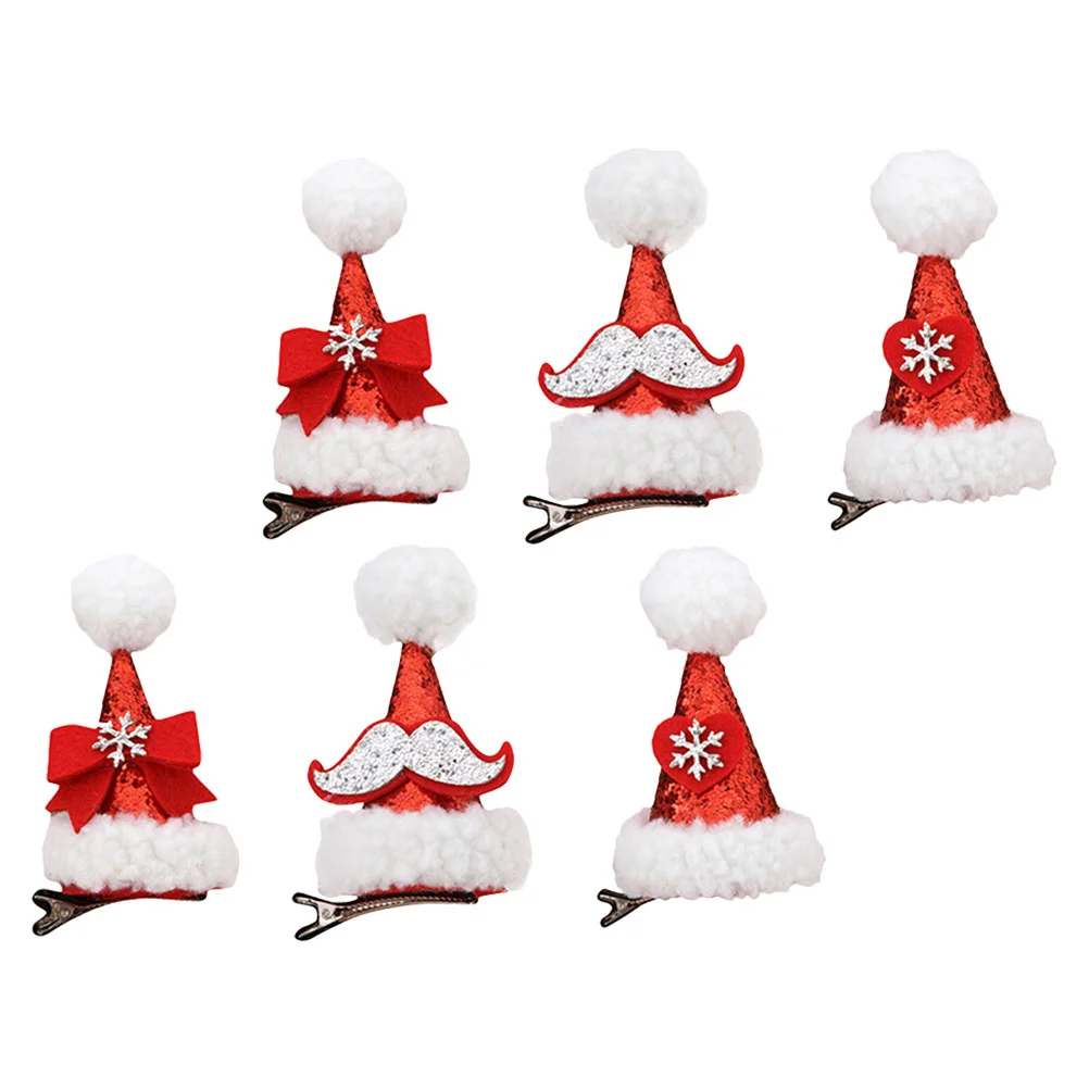 6 Pcs Christmas Card Hairpins Festive Clips Girls Clothing Party Decorations Santa Hat Flannel Alloy Barrettes