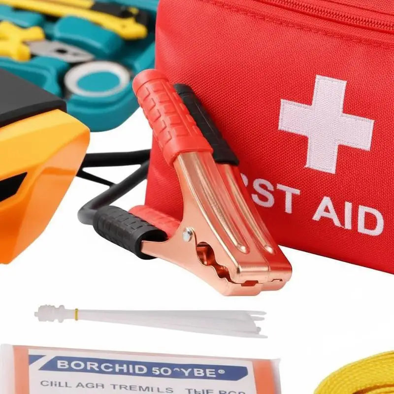 Vehicle Safety Toolbox 32-Piece For Roadside Assistance Travel Home, Jumper Cables Emergency Gear Medical Supplies Compact Storage Case view 8