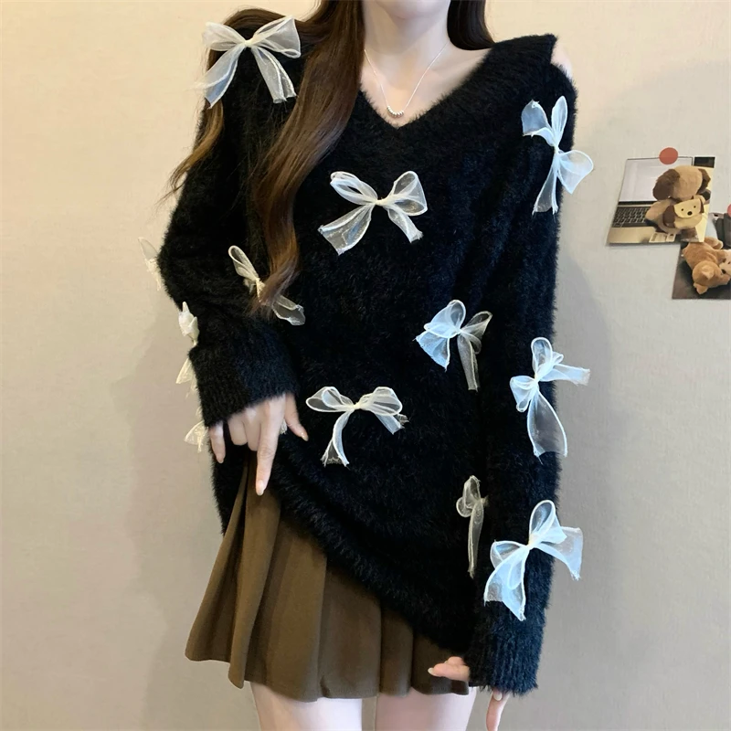

Korean Sle oulder Sweater 3D Embellied Lazy Chic Autumn Winter New Faion Women's Knitwear V-Ne Long Sve