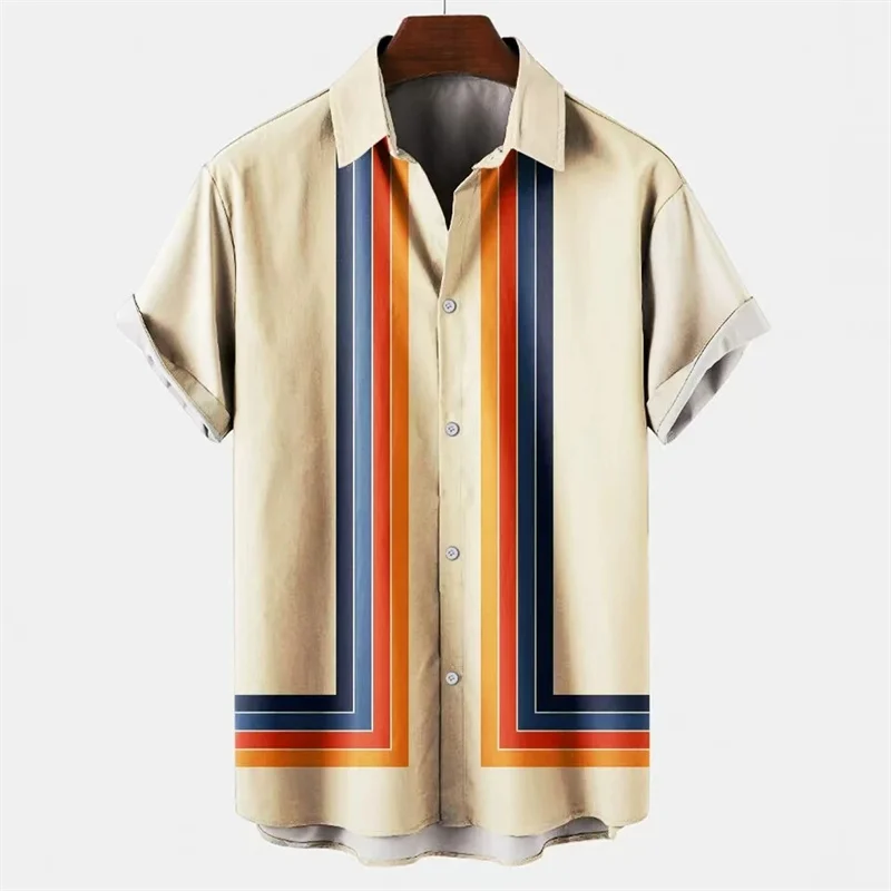 

3D Printed Stripe Stitching Hawaiian Shirt Men Colorful Pattern Blouse Summer Casual Trendy Short Sleeve Lapel Tops Button Tees