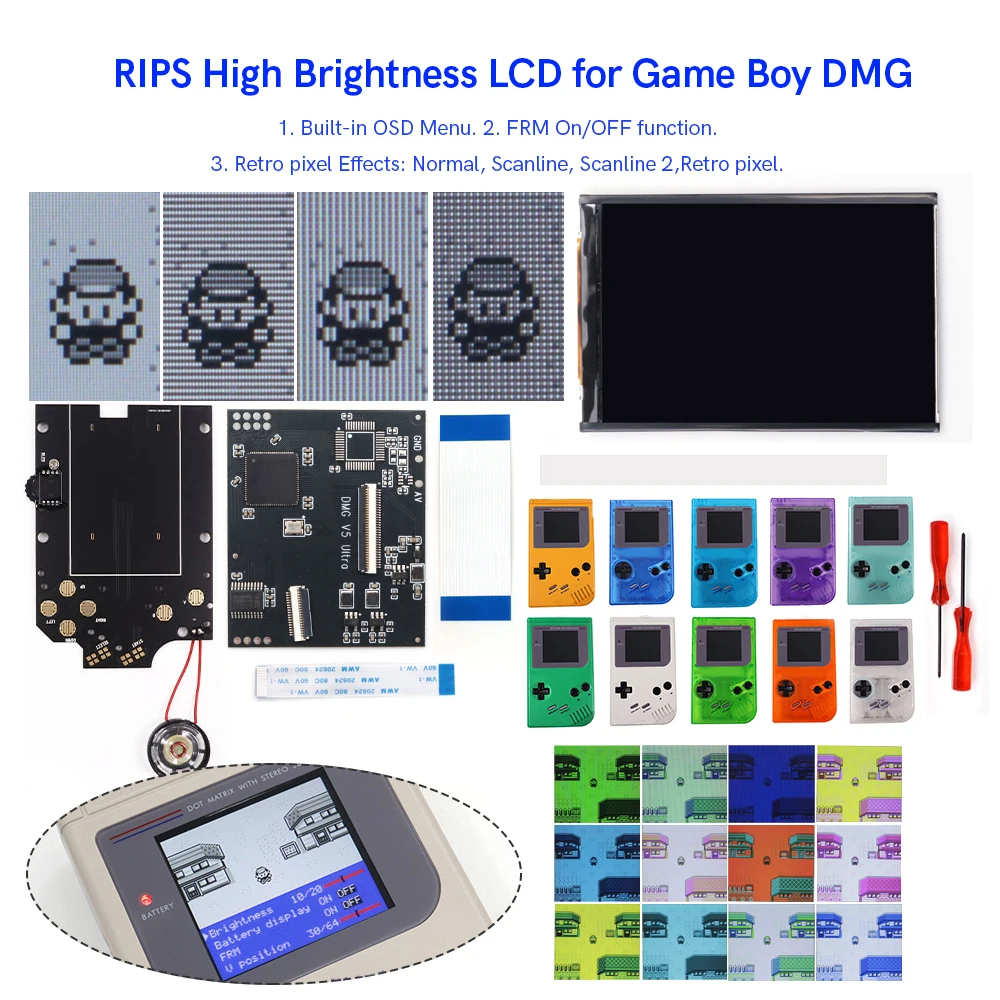 Hispeedido GBO V5 Pro OSD FRM IPS Backlight Menu RIPS 36 Color Kit For GameBoy DMG GBO GB Console W/ speaker Pre-cut Housing