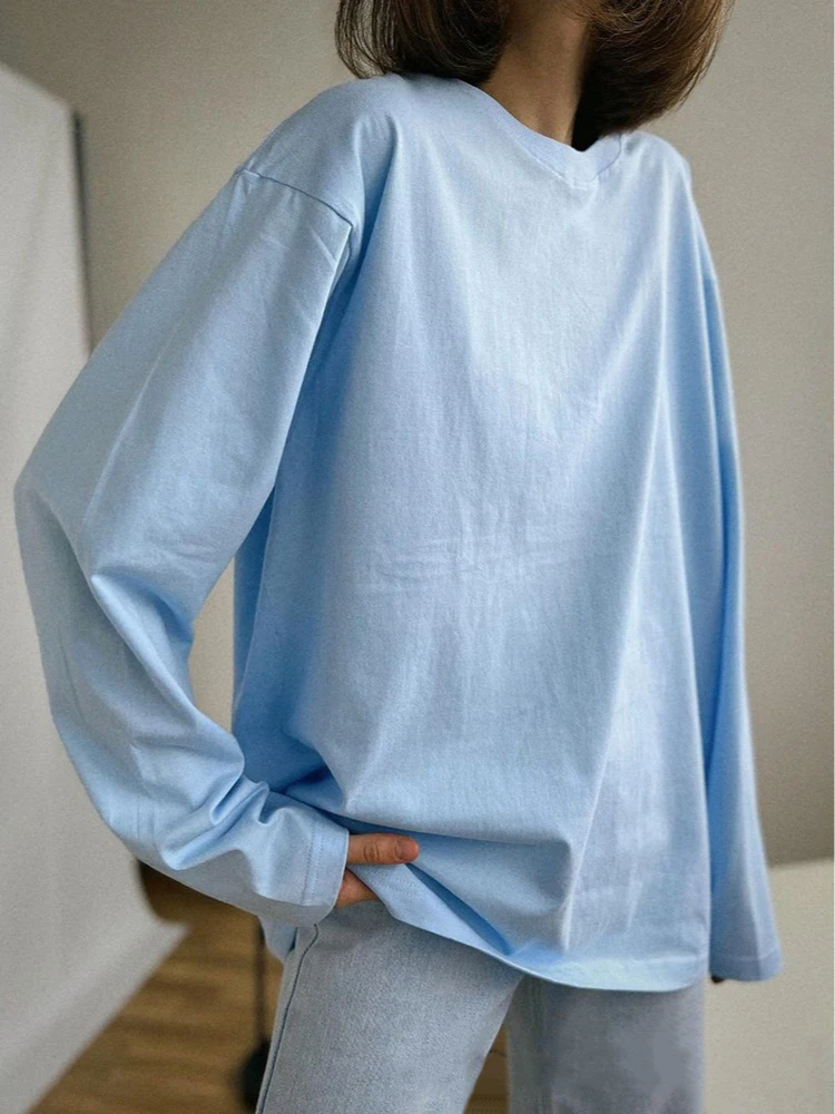 

New Women 100% Cotton Loose T-shirt Fashion Solid Color Basic Tees Long Sleeve Top Autumn Female Oversized Soft Pullover Top