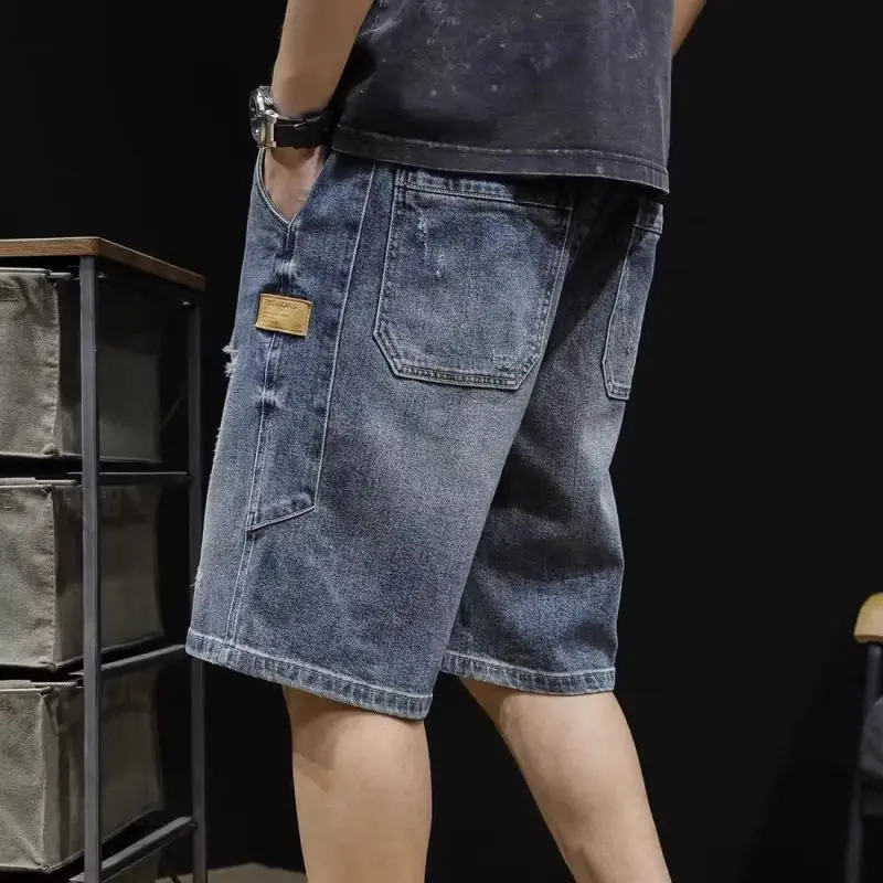 American Style Trousers Summer New Men's Stylish Loose Casual High Street Patchwork Elastic Drawstring Pockets Hole Jeans Short