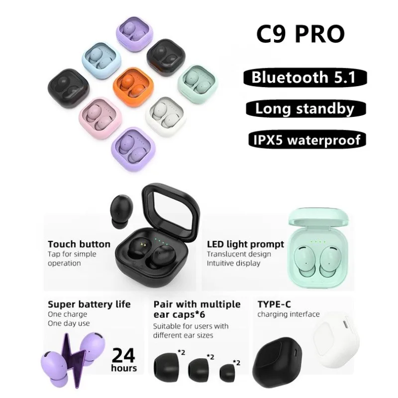 TWS NEW C9pro Wireless bluetooth Headset 5.2 Earphones Bluetooth Headphones Sport Stereo Fone Bluetooth Earbud for Xiaomi iPhone