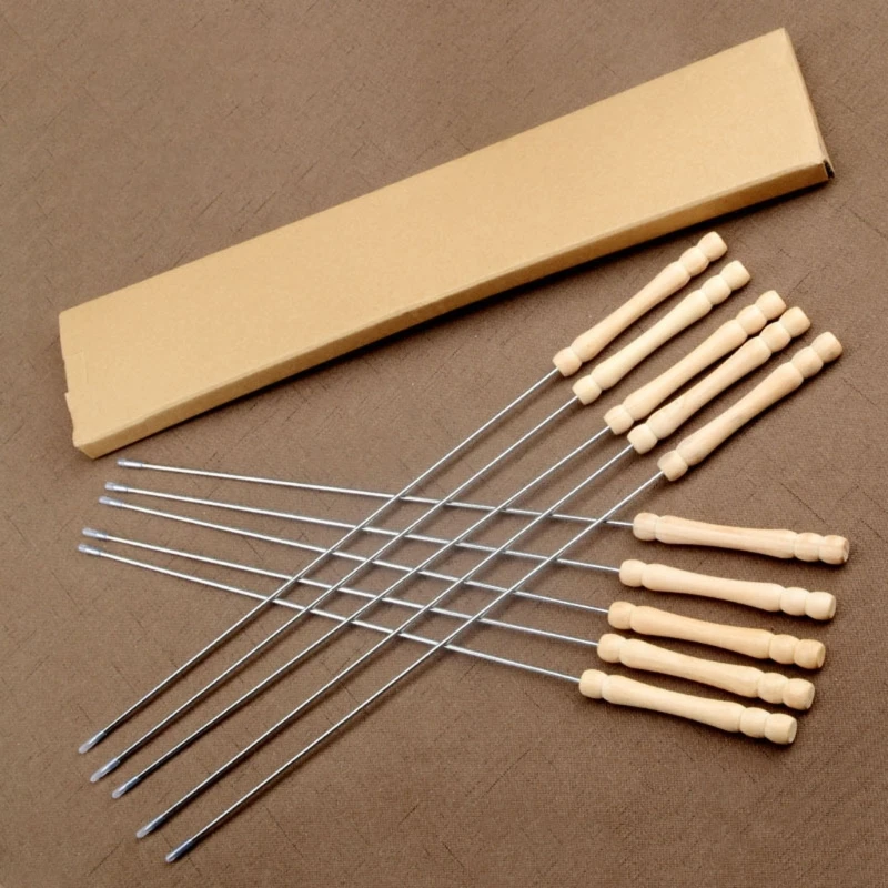 10Pcs 38cm Round BBQ Skewers With Wood Handle Stainless Steel BBQ Needle With Tip Cover Metal Barbecue Sticks For Camping