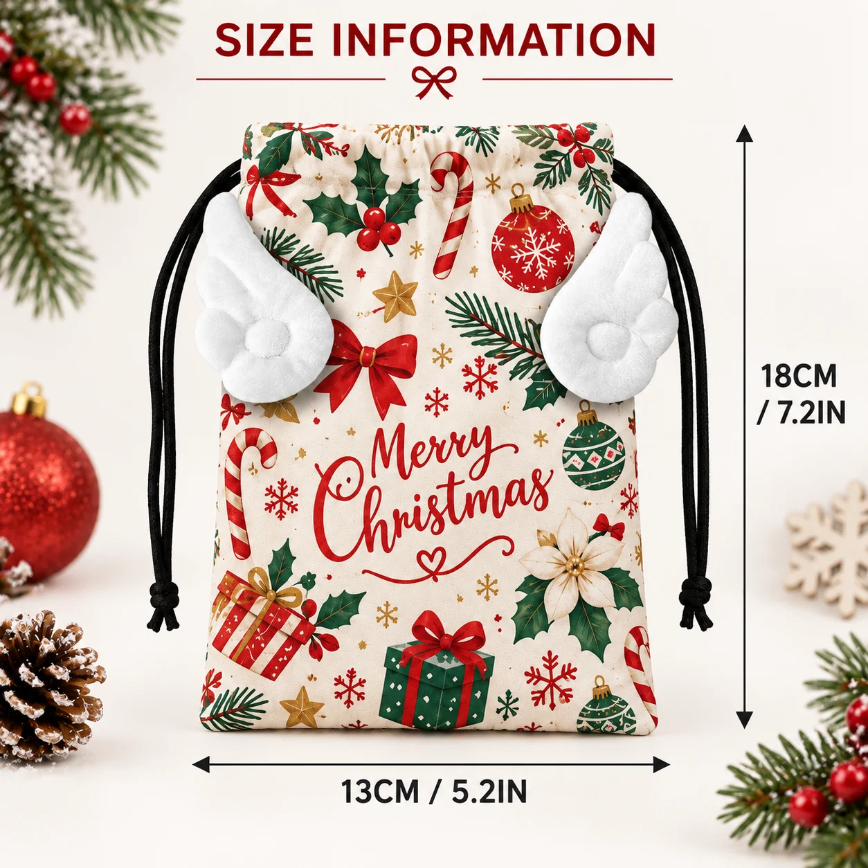 Custom Drawstring Bag 13x18cm Personalized Gift Pouch with Angel Wings, Reusable Polyester Storage Bag for Party Favors Gifts
