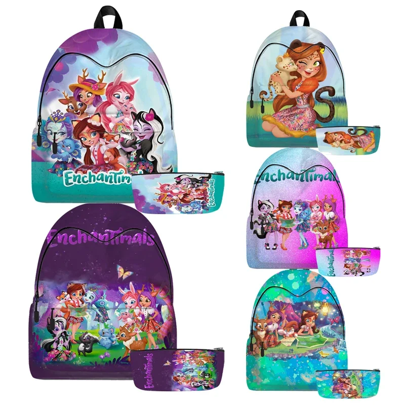 

Cartoon Enchantimals Backpacks Boys Girls Kids Anime Kawaii School Bags Travel Bags 3D Print Teenage Notebook Bag with Pen Case