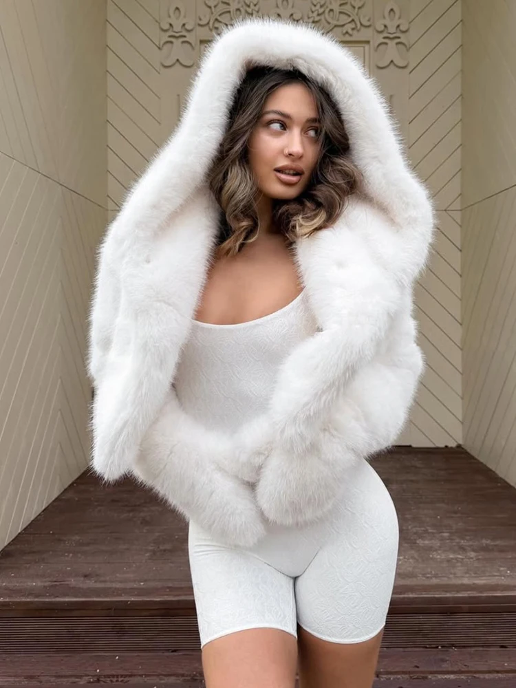 트렌딕스 핑크 인조 모피 코트 여성용 겨울 패션 루즈핏 긴팔 코트 여성 스트릿 패션 아우터 따뜻한 후드 퍼 코트