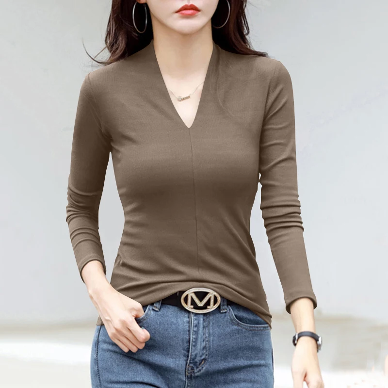 Damska dopasowana bluzka z długim rękawem, dekoltem w serek, modna warstwa bazowa, koreański styl, elegancka, do pracy, jednolita, na zimę.