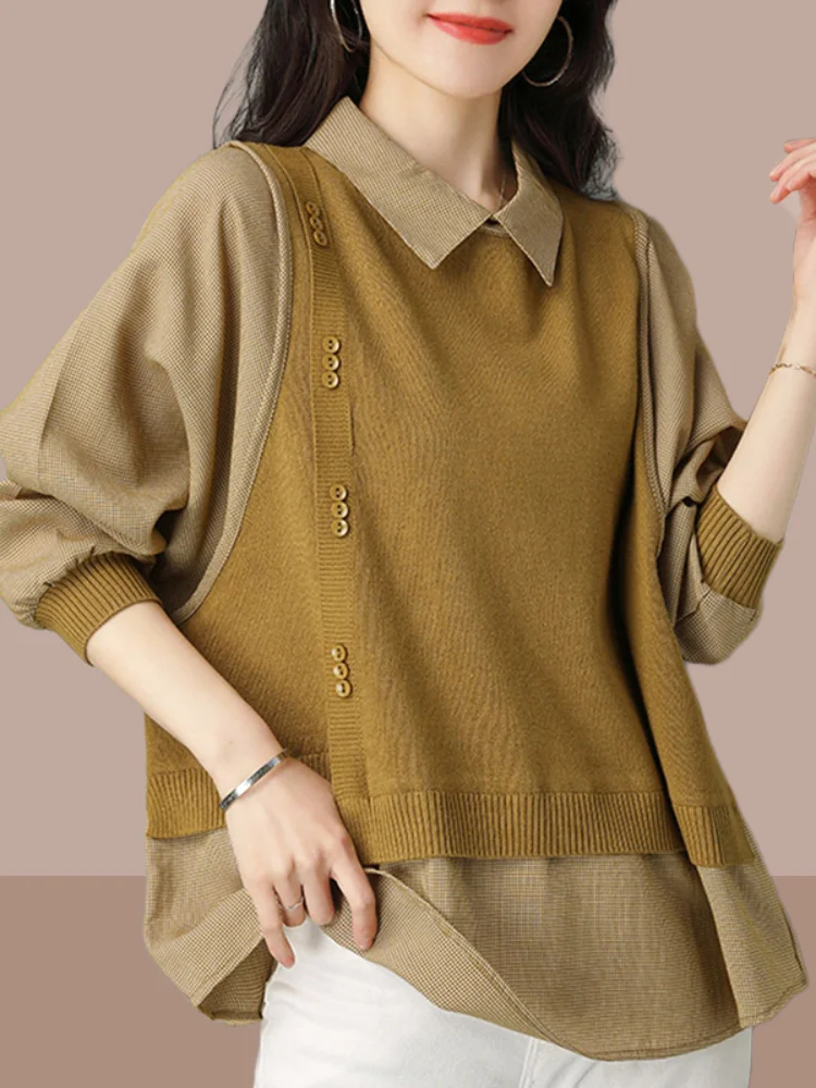 

Loose Long Sleeve Neck Knitwear Women Casual Style Spring Autumn Fashion Lazy Shirt Fake Two-Piece Top Elegant Ladies' S...