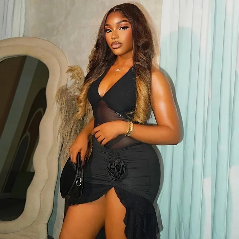 

Women's Gauze Spliced Lace-Up Halter V-Neck Sleeveless Backless Pleated Hips Wrapped Asymmetrical Ruffled Swallow-Tailed Dress