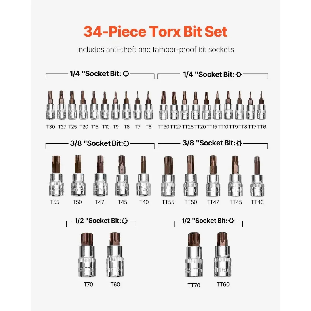34-Piece Torx Bit Socket Set Tamper-Proof T6/T70/S2 S2 Steel 1/4