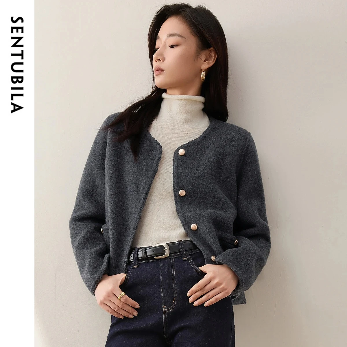 

SENTUBILA Crop Wool Jacket Women 2026 Winter Outerwear Elegant Fashion 100% Wool Double Faced Short Coat Lady Clothes W54OE8776