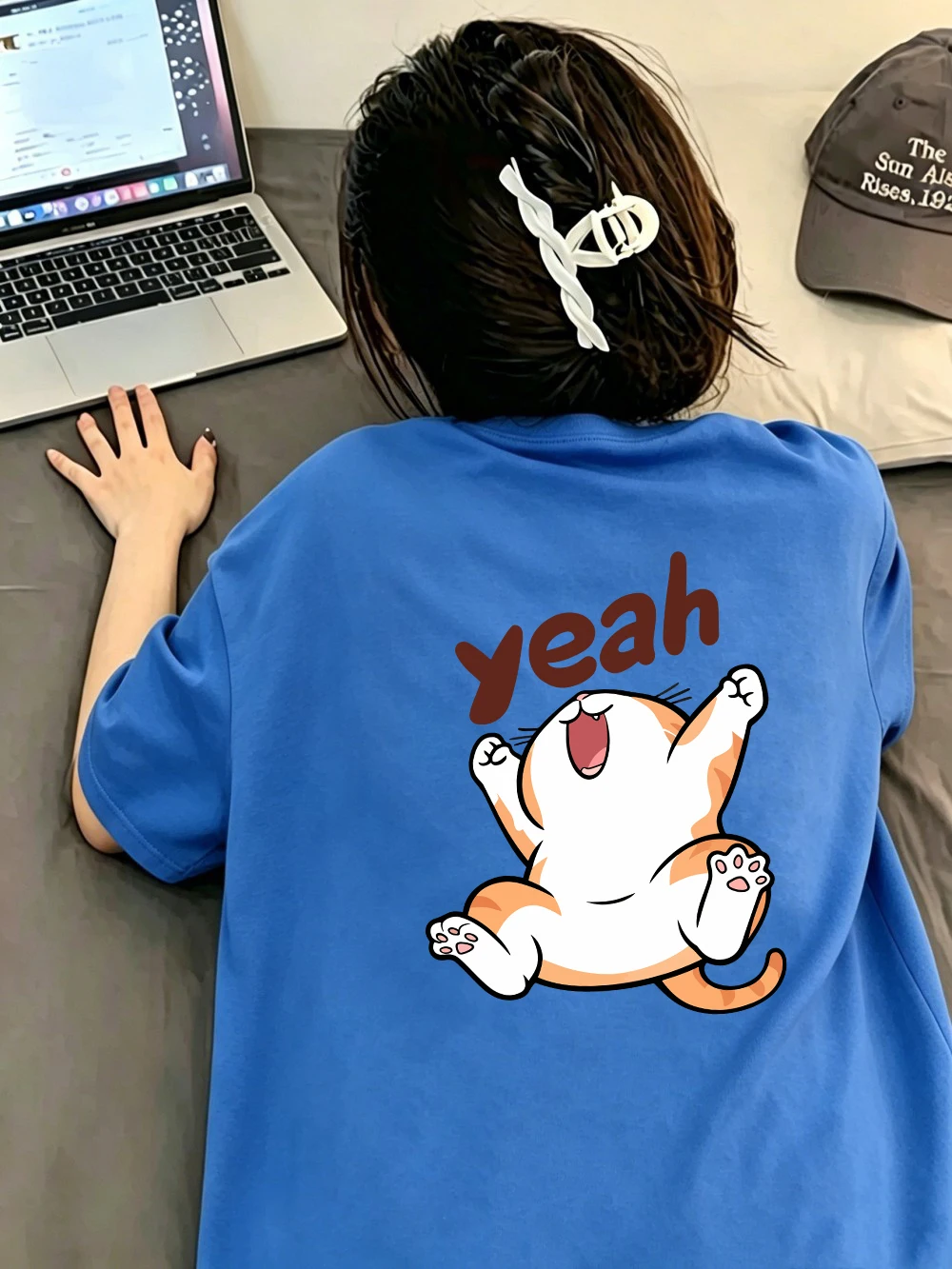 Summer T-Shirts Women Cotton Yeah Happy Cartoon Cat Print Tops O-Neck Comfortable Loose T Shirt Holiday Casual Woman Clothes