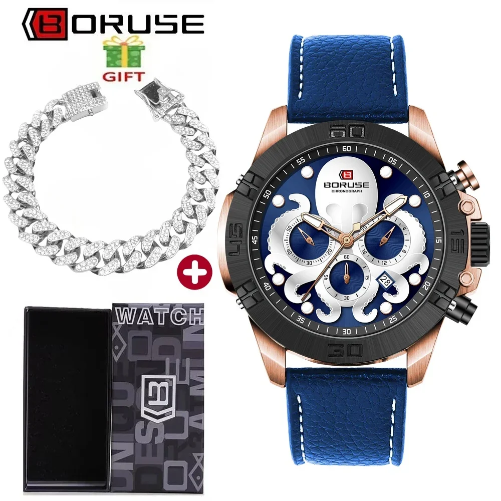 豪華な BORUSE 2 ピース/セットメンズクォーツ時計とブレスレットセット日付表示 Pu レザーストラップラウンドダイヤル男性へのギフトに最適