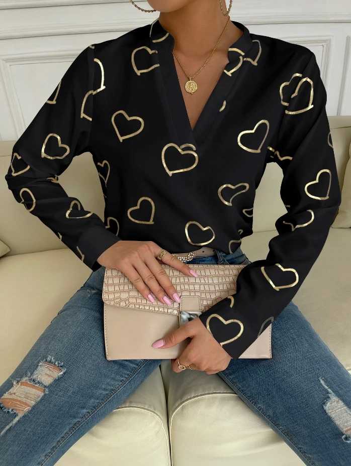 

100pcs in stock women's V-neck long sleeved fashionable commuting style printed shirt top (shipped within 48 hours)