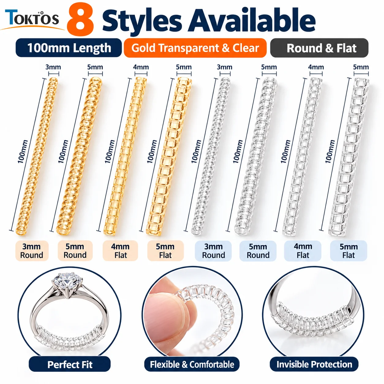 TOKTOS Ring Size Adjuster Wire 3mm 4mm 5mm Gold Clear Round Flat 100mm Ring Sizer Reducer Strip for Loose Rings Jewelry Repair