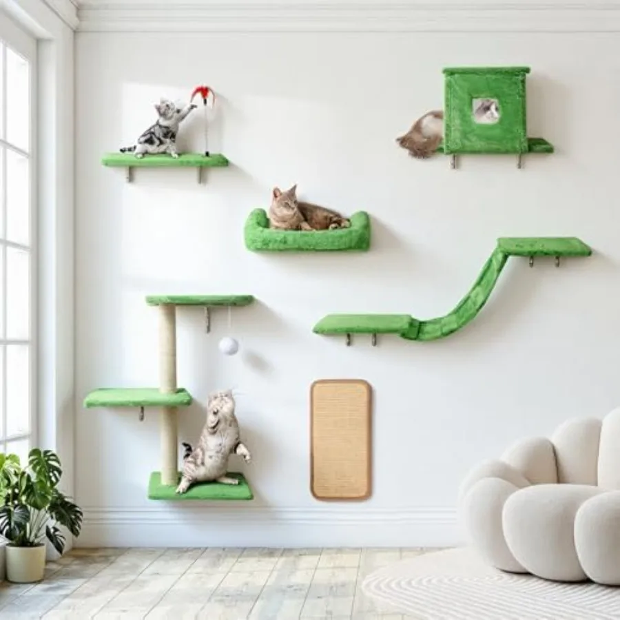 

Cat Wall Shelves 6 in 1 Cat Wall Furniture Set for Indoor Use Solid Wood Natural Birch Space-Saving Modular Design with Condos