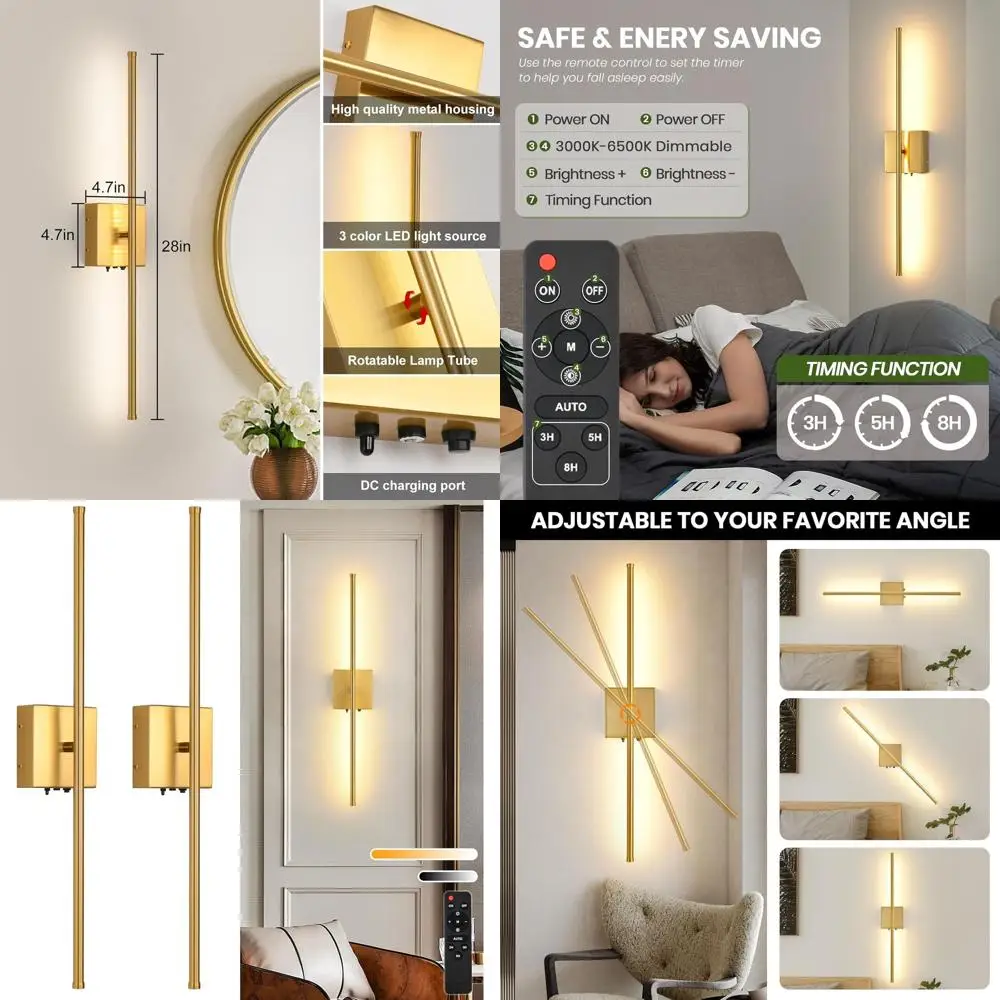 

Pair of 11000mAh Rechargeable LED Wall Sconces with Remote, 350° Swivel, 3-Color Temperatures, Ideal for Home Decor