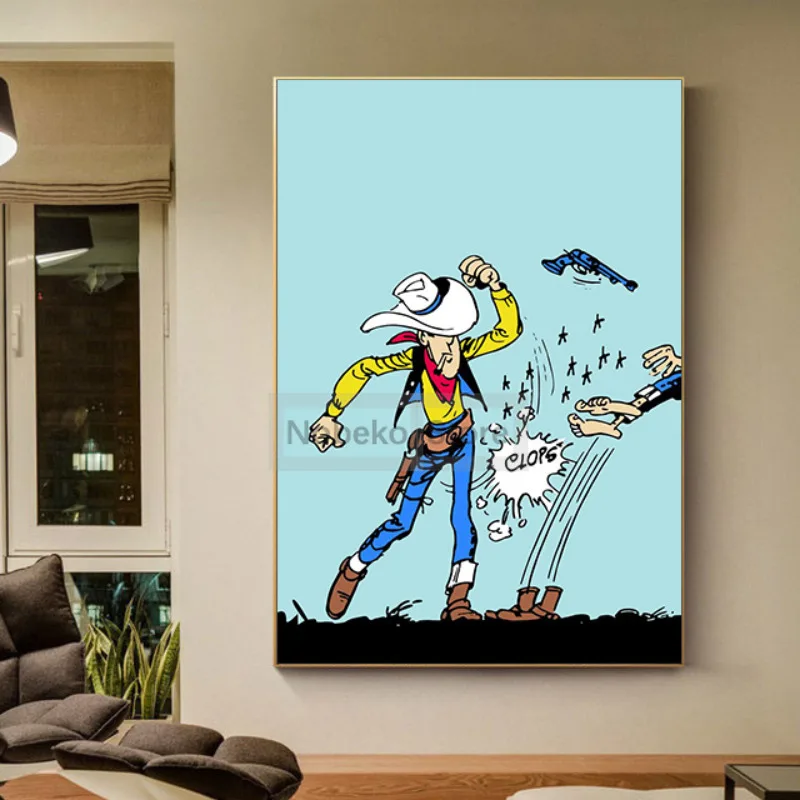 ملصق لوك المحظوظ للرسوم المتحركة الفرنسية ، كاريكاتورية ، مطبوعات رعاة البقر المضحكة ، لوحة قماشية ، صور فنية جدارية ، ديكور لغرف المنزل