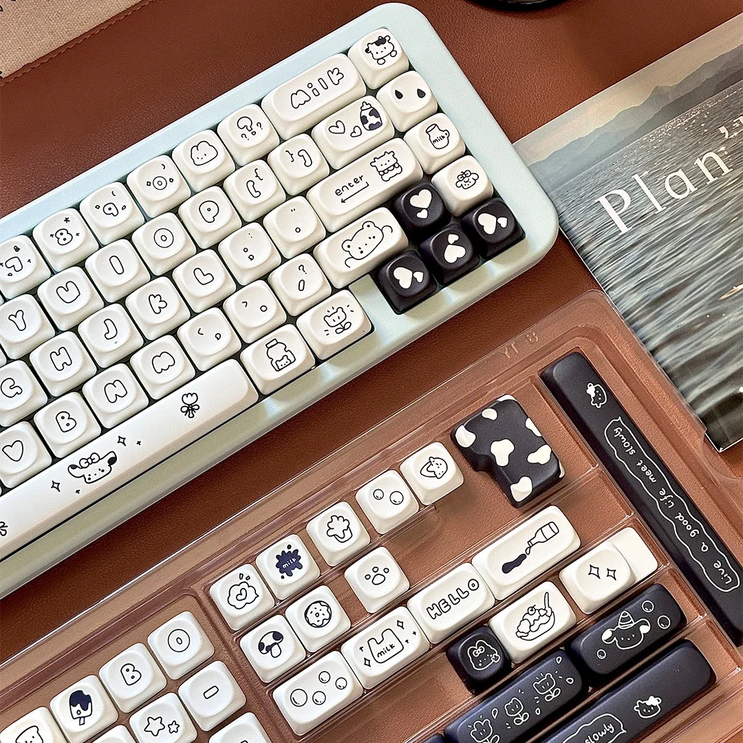 ECHOME-Juego de teclas con tema de vaca en blanco y negro, tapa de teclado de sublimación de tinte PBT, 141 teclas, perfil MOA, tapa de tecla para