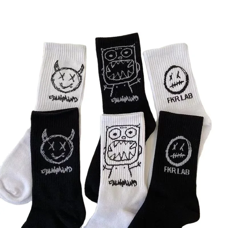 Men Women Socks Cotton Simplicity Anime Devil Grimace Harajuku Black White Graffiti Fashion Long Funny Hip Hop Sox Unisex medias