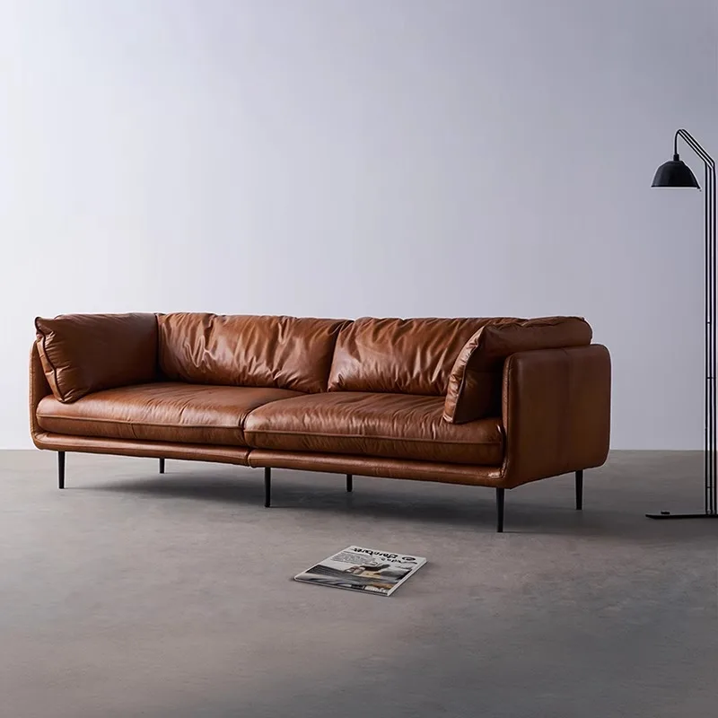 Sofa living room small apartment first layer cowhide oil wax leather straight row three people