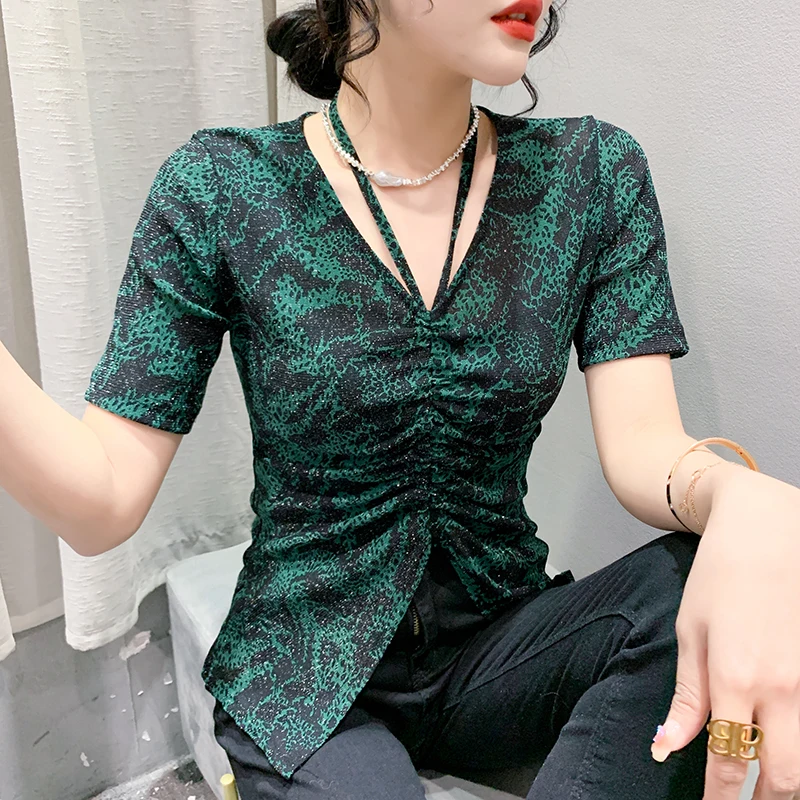 

2023 New Summer European Clothes T-Shirt Chic Sexy V-Neck Draped Drawstring Slit Women Short Sleeve Tops Irregular Tees 32330