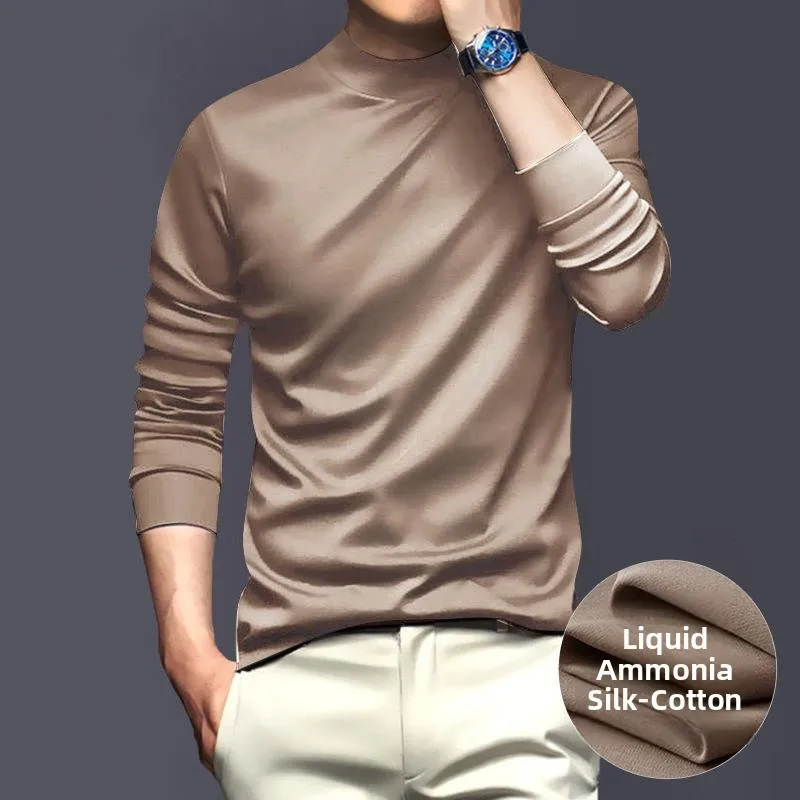 

High-End Men's Long Sleeve Silk Cotton T-Shirt Comfortable Base Layer Shirt Half High Collar Anti-Static Spring Autumn Pure C...