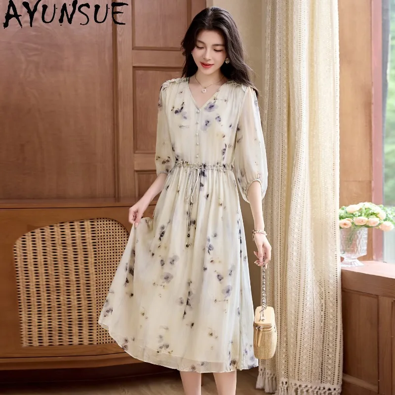 AYUNSUE Real Silk Dresses for Women French Elegant Dress 2026 Woman V-neck Summer Dresses High Quality Woman Clothes Ropa Mujer