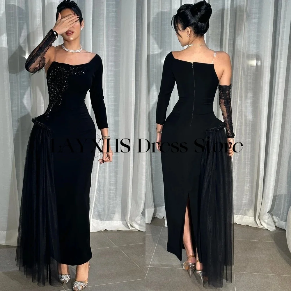 ชุดราตรี LAYXHS แบบใหม่ ไหล่เดียว แขนยาว ทรงเมอร์เมด ประดับลูกปัด ยาวถึงข้อเท้า ชุดราตรีออกงานสั่งตัดได้
