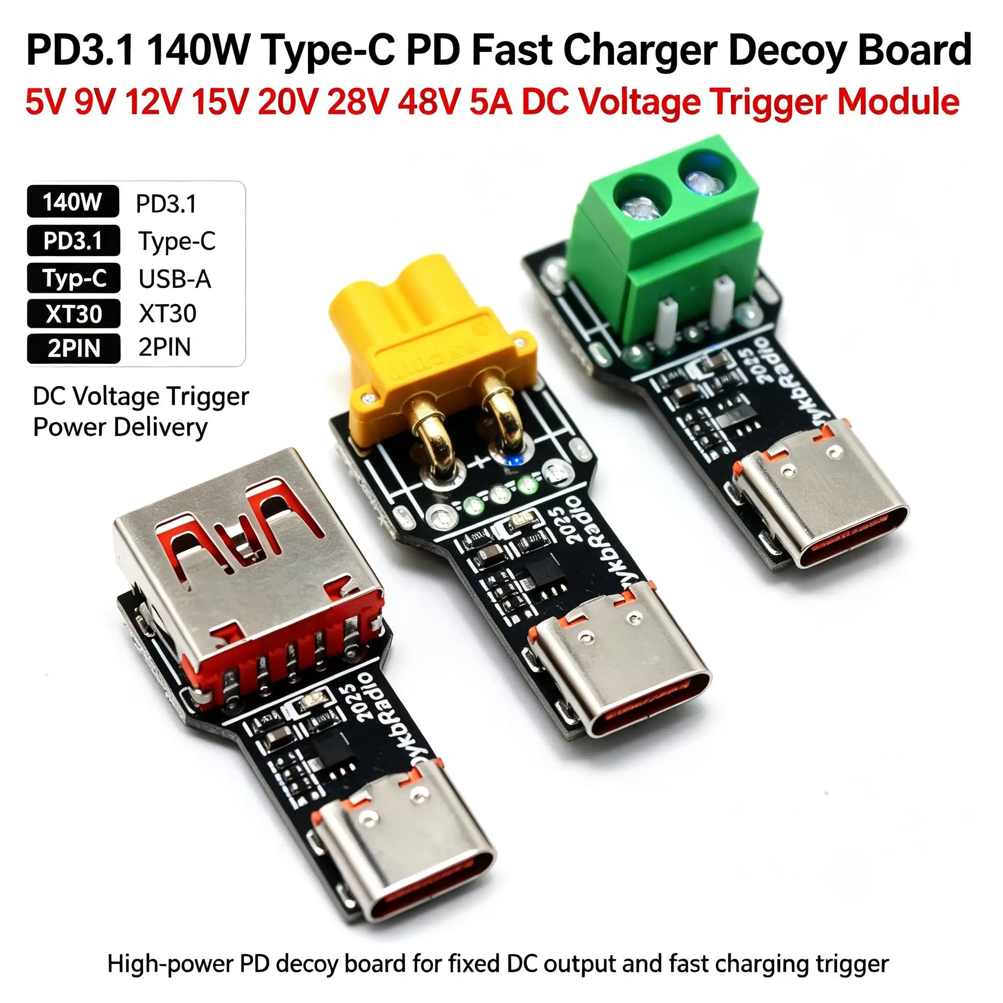 DYKB Fast Charger Decoy Board PD3.1 140W Type-C PD 5V 9V 12V 15V 20V 28V 48V 5A 2PIN XT30 DC Voltage Triggers Power Delivery