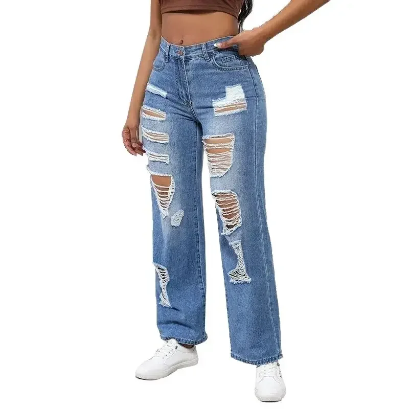 Vintage gebrochene Löcher aushöhlen gerade Jeans Frauen hohe Taille Jeans hose lässige Streetwear weibliche Pendler weites Bein Hosen