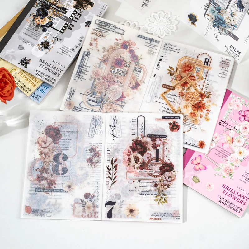 

30sheets Kawaii beautiful floral manuscript material PET+Washi dual material die-cutting sticker book Collage Junk Journal DIY